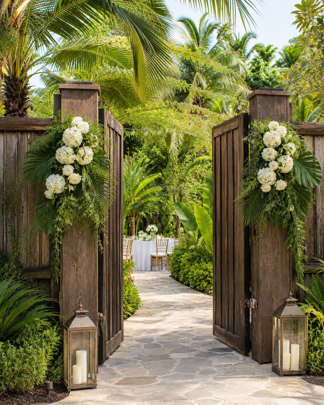 Open wooden garden gates dressed with white hydrangeas leading to a tropical celebration setting