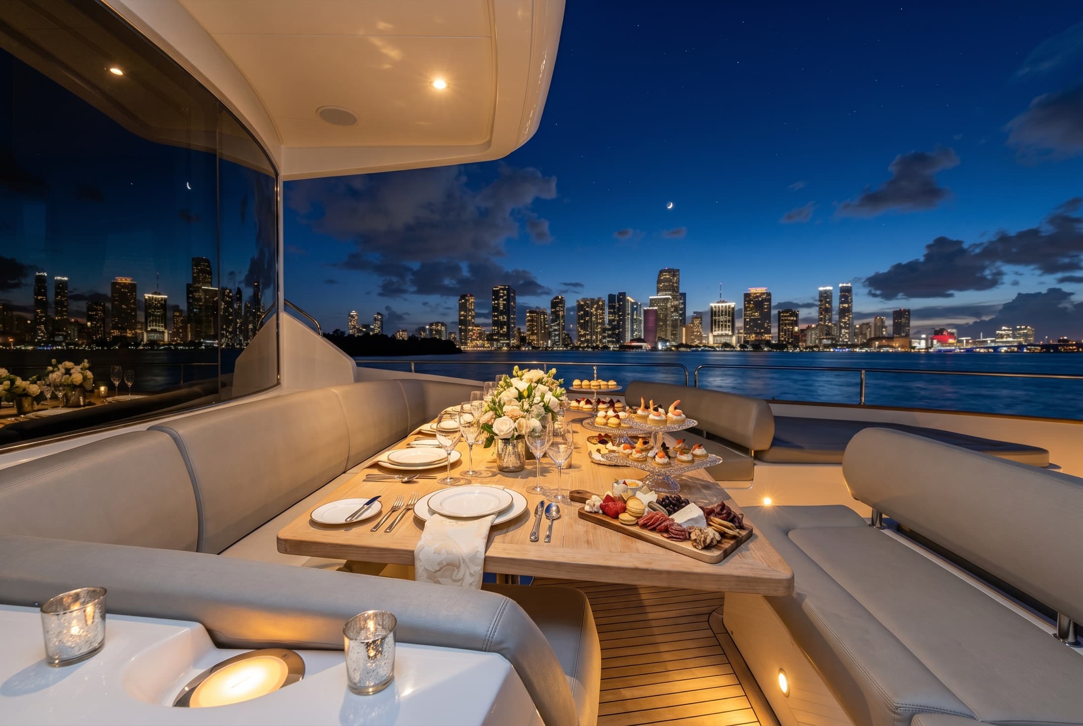 Yacht deck dinner overlooking the Miami skyline at dusk